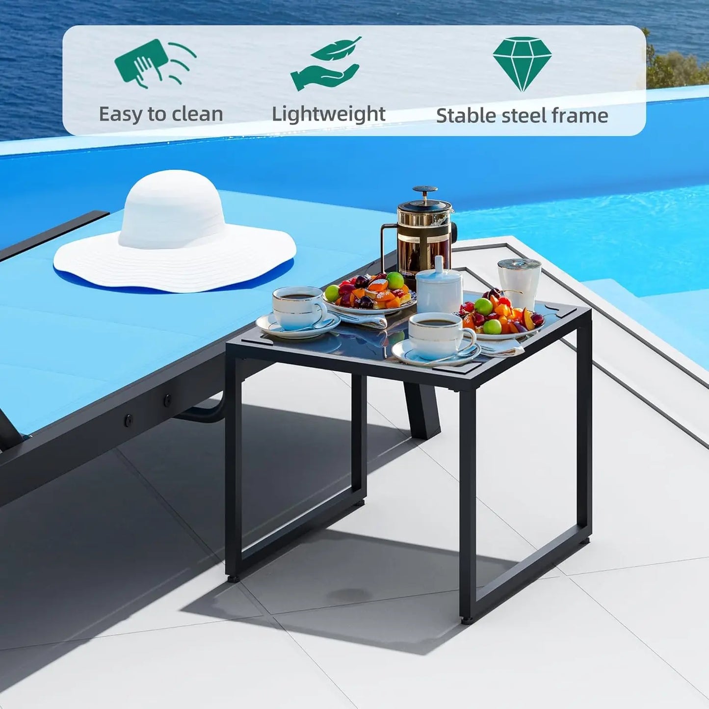 3 Pieces Patio Chaise Chairs Set, Pool Loungers with Side Table, with Wheels, Adjustable Position