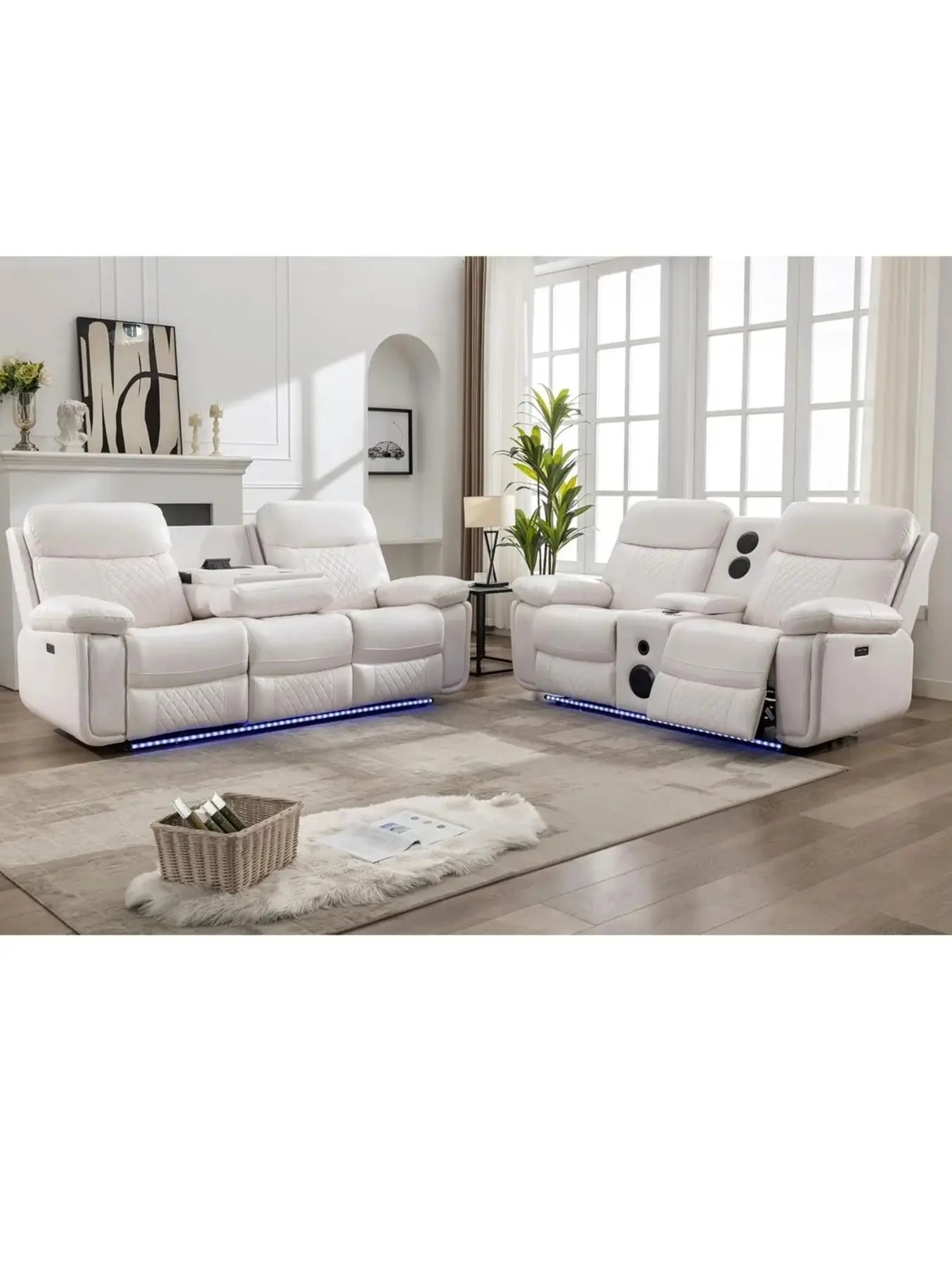 6-Seat Electric Power Recliner Sofa Set with Drop-Off Table, Wireless Charger, Faux Leather Loveseat.