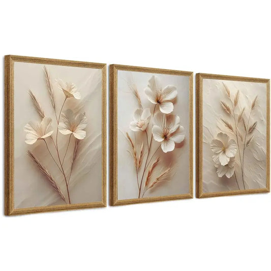 3Pcs Framed Neutral Beige Floral Canvas Wall art, Modern Simple Texture Wall Decor, Vintage Flower Prints.