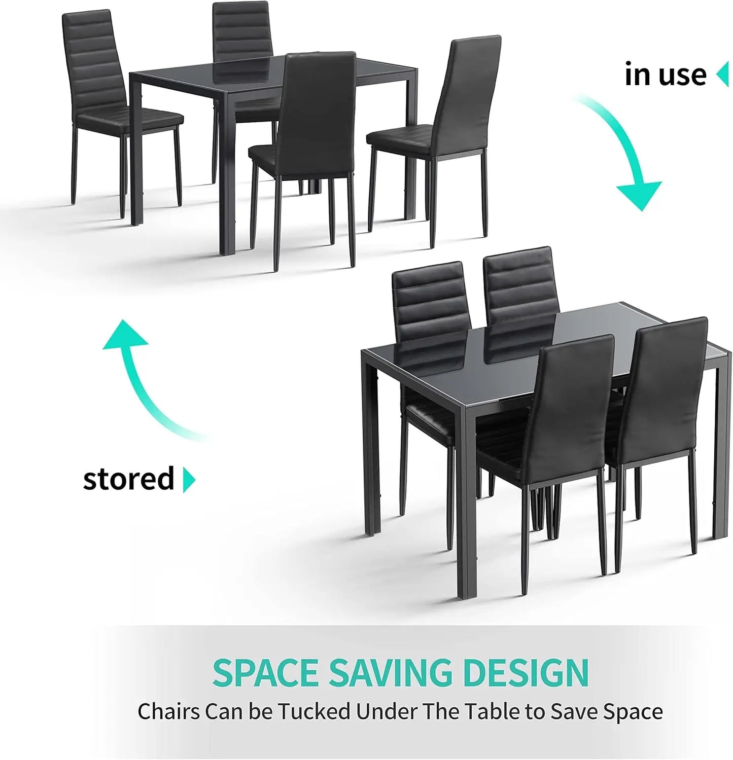 5 Piece Glass Dining Table Set, Kitchen and Chairs for 4, PU Leather Modern Room Set