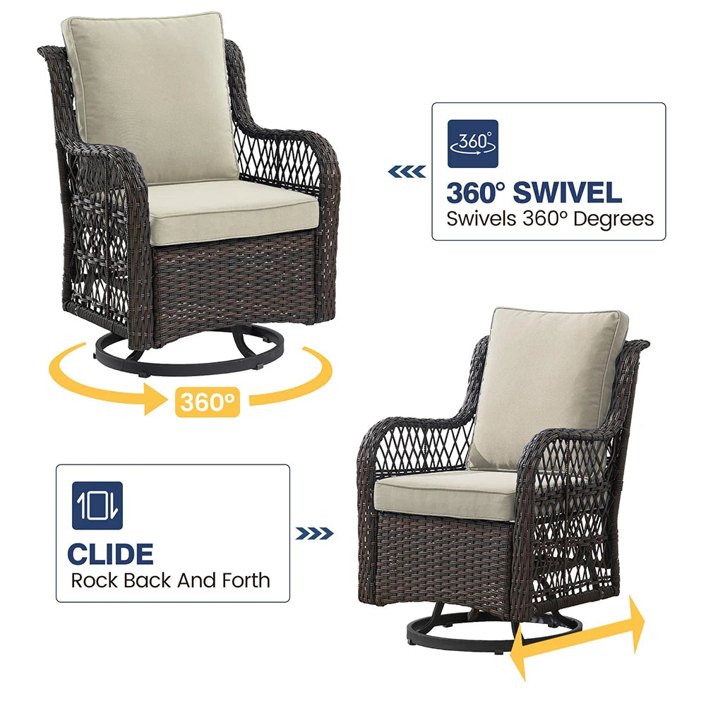 3-Piece Wicker Swivel Rocking Patio Set, 2 Chairs & Glass Table, Outdoor Furniture for Porch & Backyard.