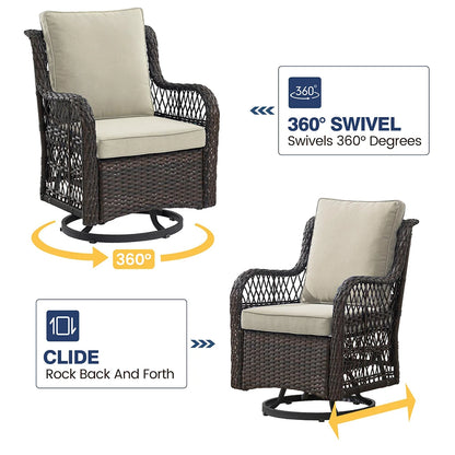 3-Piece Wicker Swivel Rocking Patio Set, 2 Chairs & Glass Table, Outdoor Furniture for Porch & Backyard.