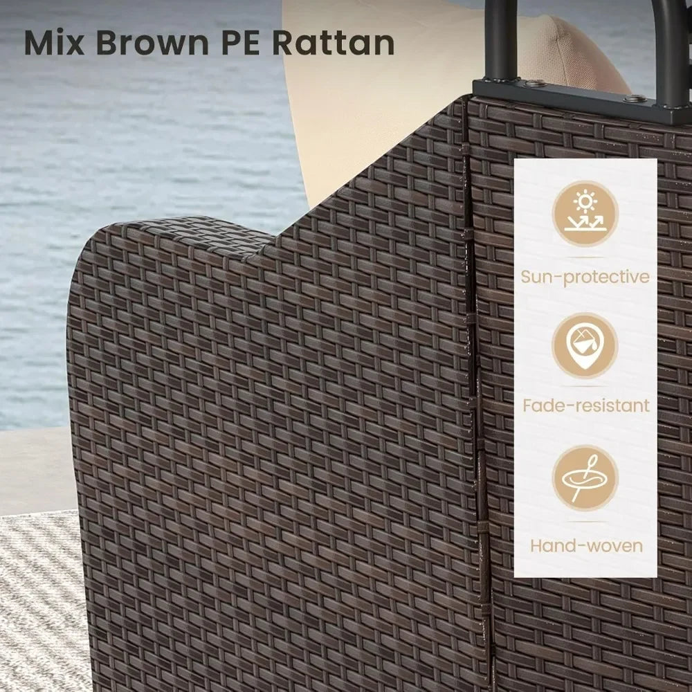 Outdoor Daybed with Retractable Canopy - PE Rattan Double Chaise Lounge, Pillows- Patio Furniture Set.