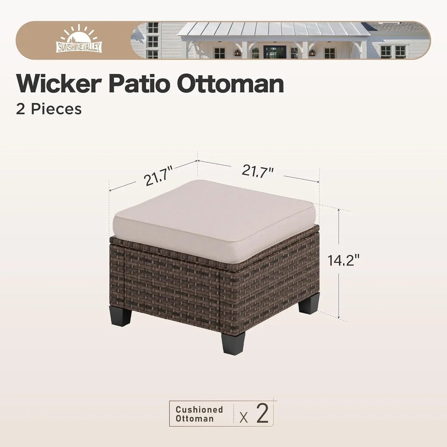 Outdoor Patio Ottomans,2 Pieces All Weather Wicker Ottomans with 4" Thick Cushions.