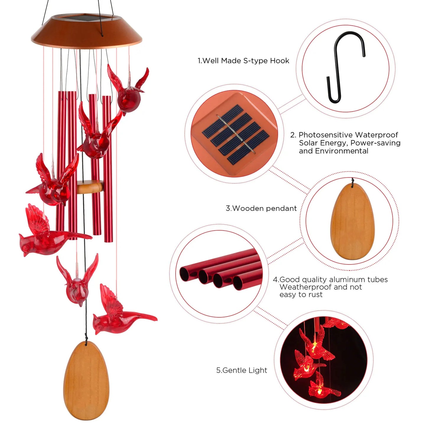 Solar Wind Chimes, Wooden Cardinal with Aluminum Tubes, Outdoor Garden Decor