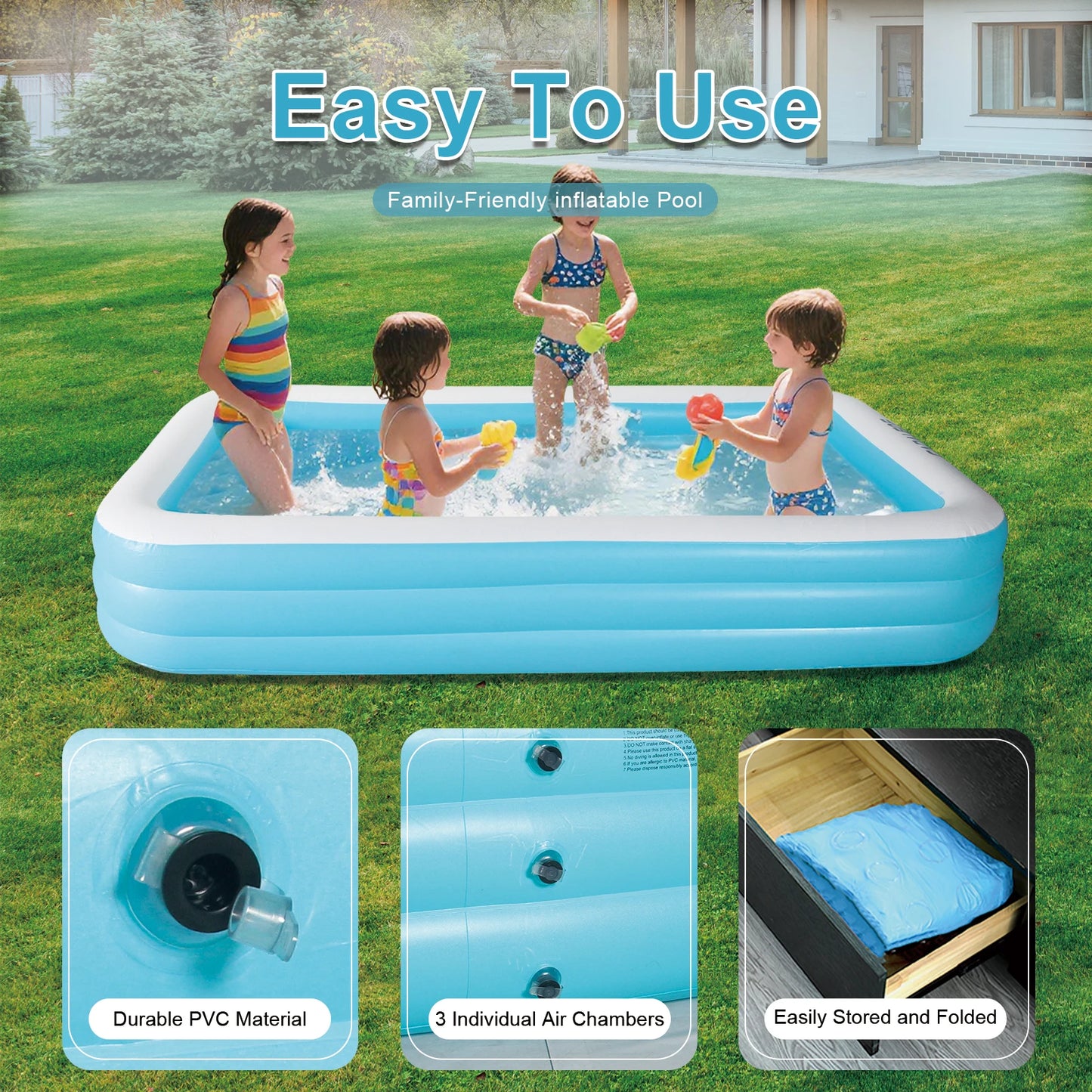 Inflatable swimming Pool for Kids and Adults, Large kiddie Blow Up Pool for Outdoor, Backyard.