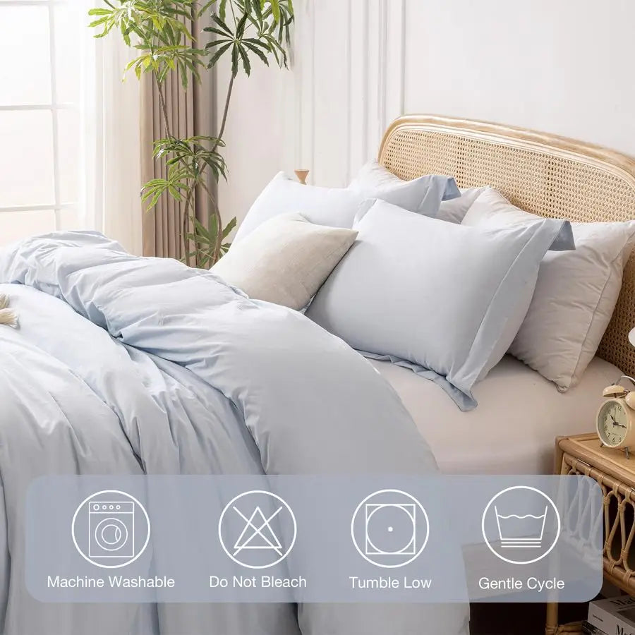 Light Blue 100 Washed Cotton Linen Like Duvet Cover Set Queen Size, 3 Pieces, and 2 Pillow Shams.
