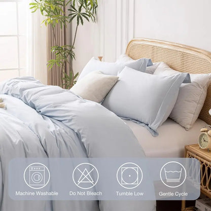 Light Blue 100 Washed Cotton Linen Like Duvet Cover Set Queen Size, 3 Pieces, and 2 Pillow Shams.