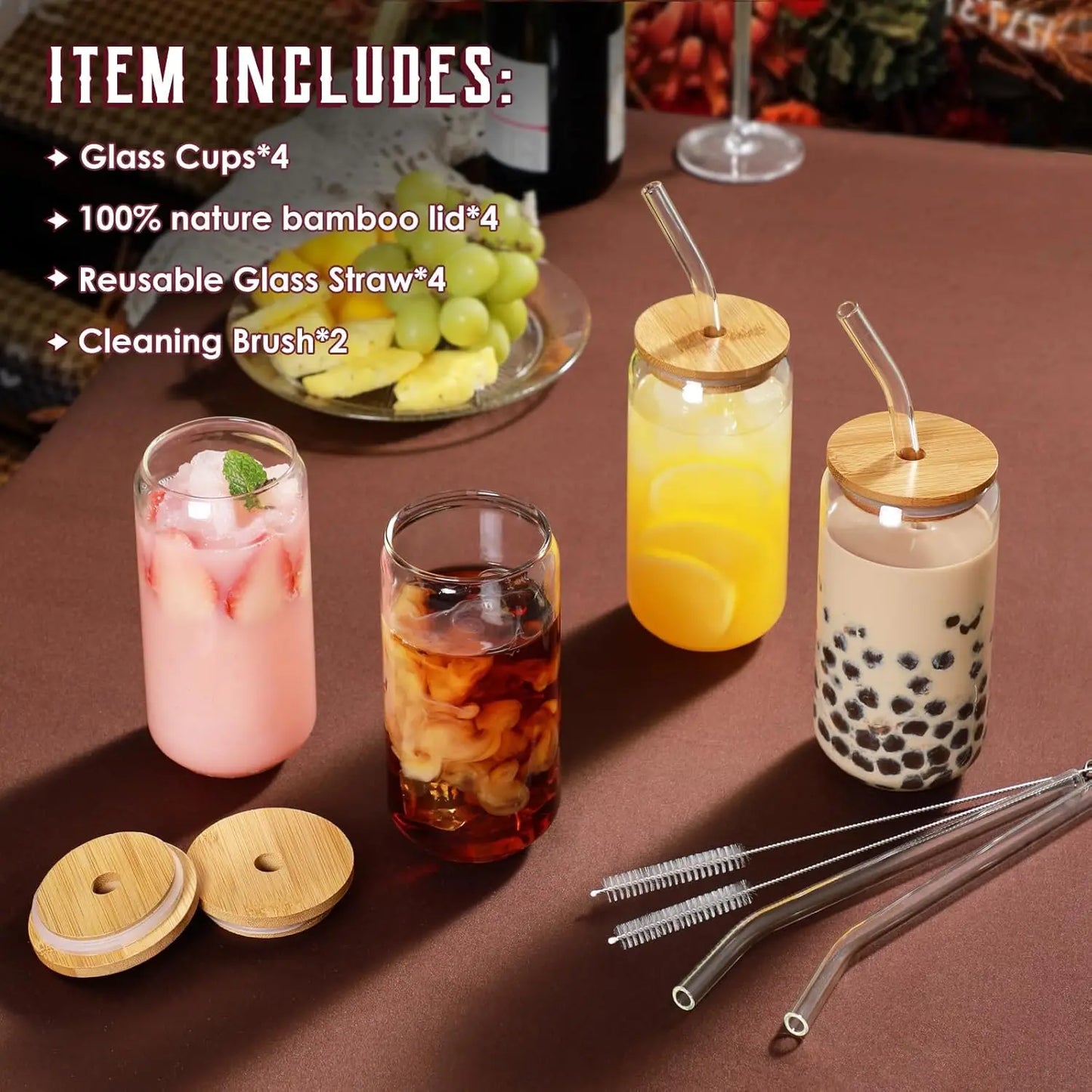 4Pcs 18.6Oz/550Ml Drinking Glasses with Bamboo Lids and Glass Straws, Glass Cups.