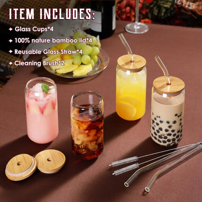 4Pcs 18.6Oz/550Ml Drinking Glasses with Bamboo Lids and Glass Straws, Glass Cups.