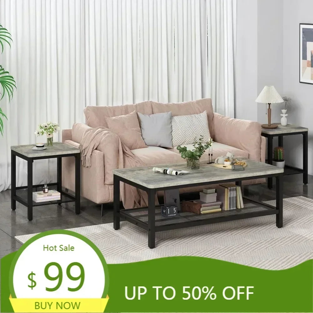 Industrial Style 3-Piece Coffee Table Set: Modern Living Room Furniture with Square Side Tables