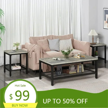 Industrial Style 3-Piece Coffee Table Set: Modern Living Room Furniture with Square Side Tables