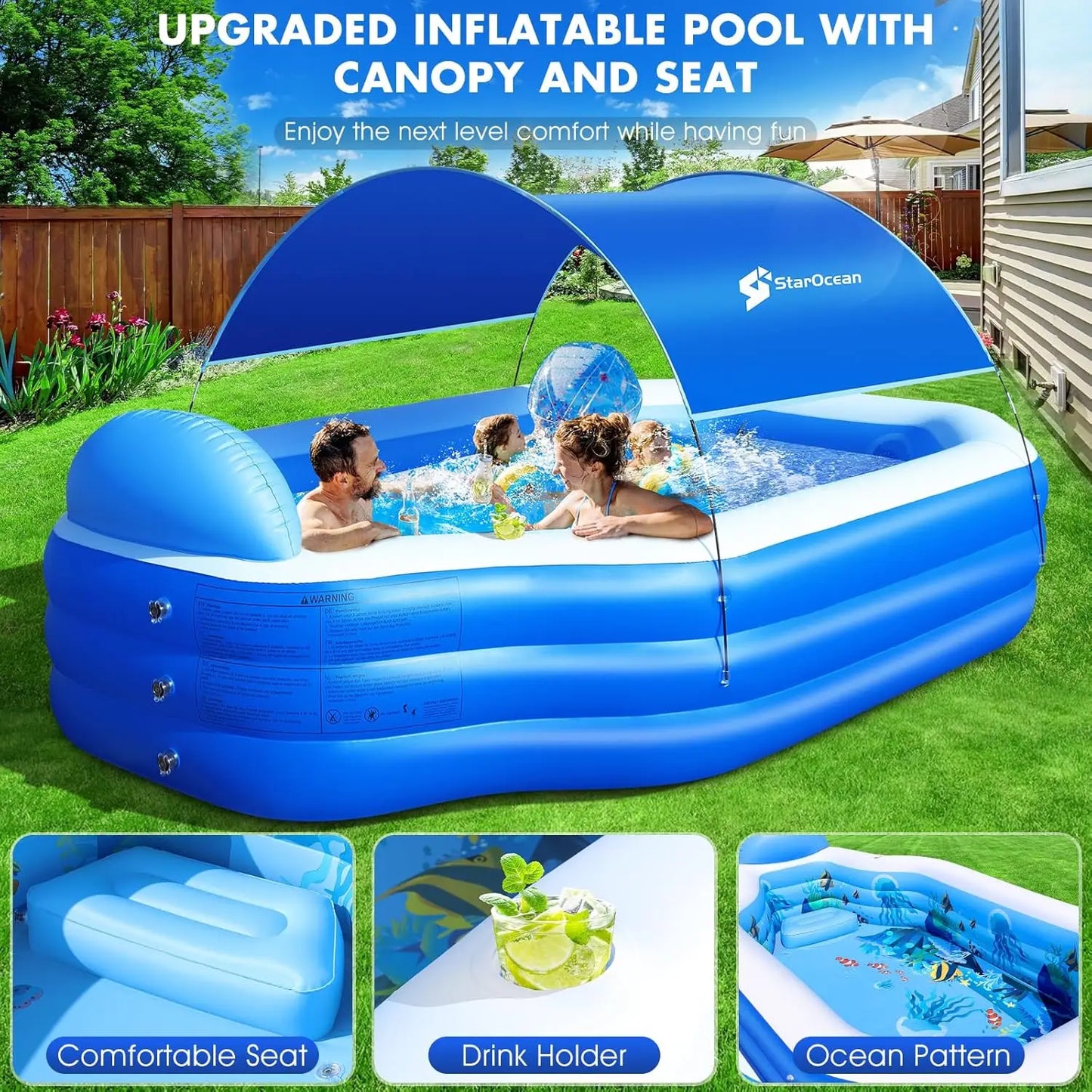 Inflatable Pool with Canopy, Large Swimming Pool for Kids, Adult, Blow Up Pools with Seats, Backrest.