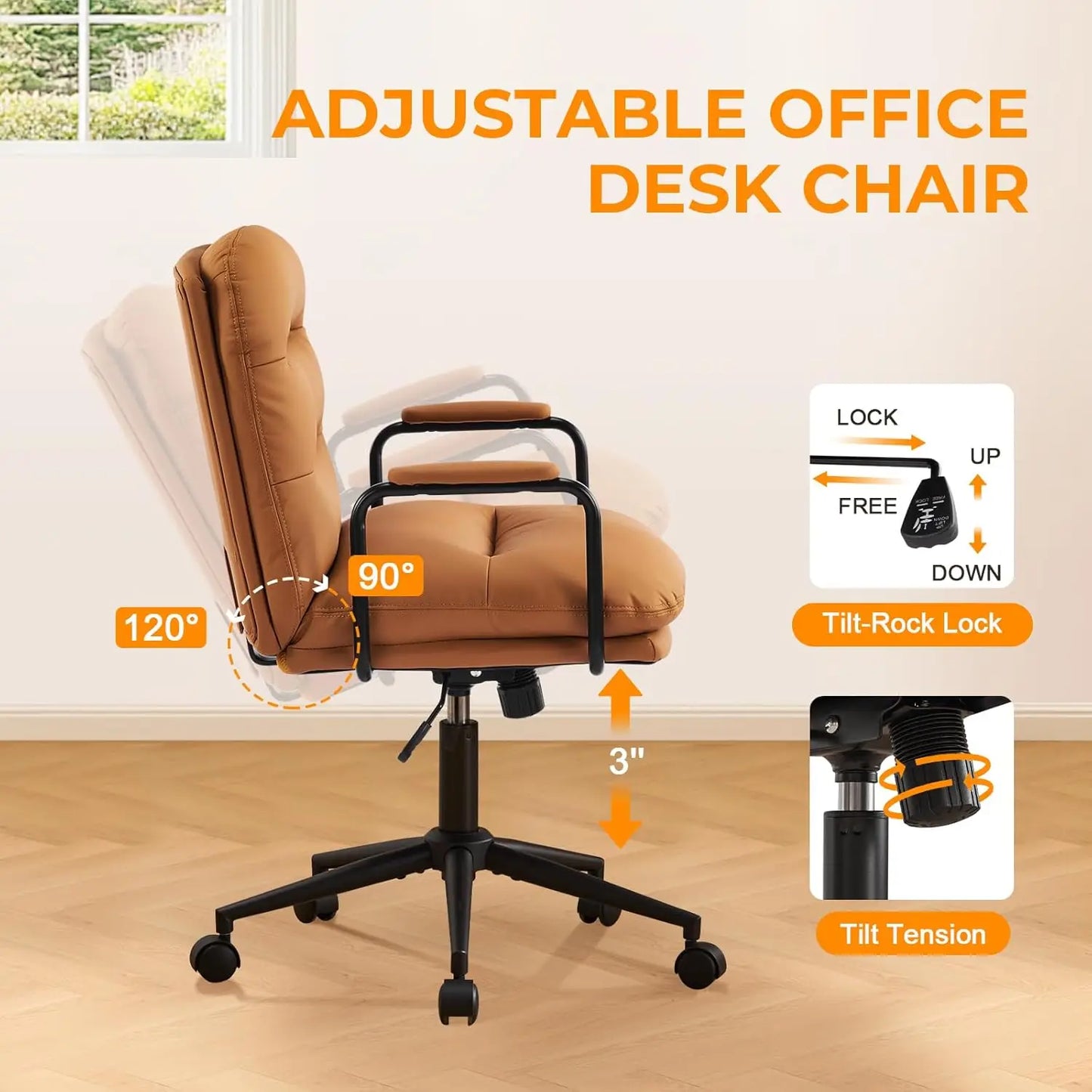 Leather Home Desk Chair, Comfortable Executive Office Chair with Wheels, Adjustable Height.