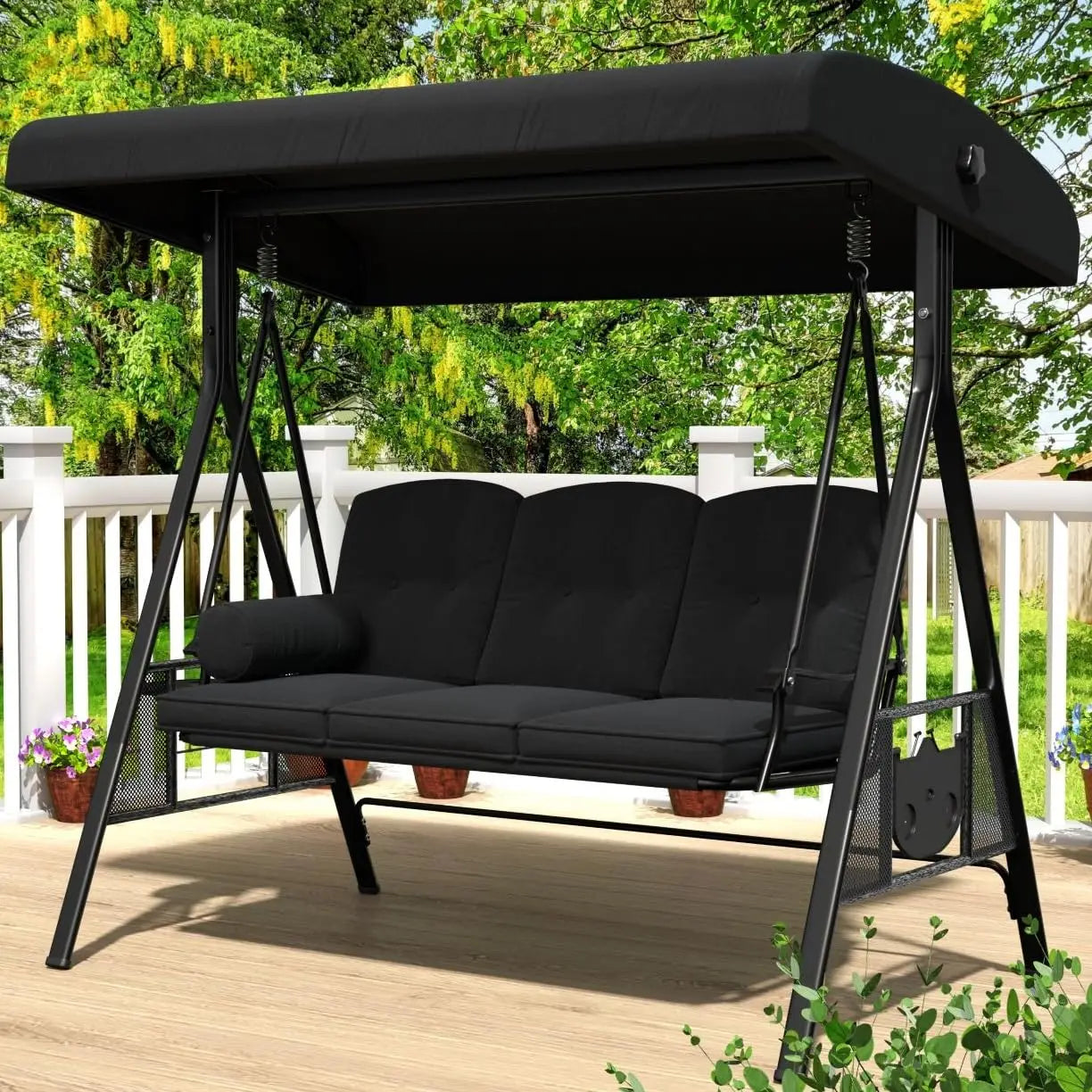 3-Seat Outdoor Porch Swing with Adjustable Canopy Removable, Adult Outdoor Swings for Porch.