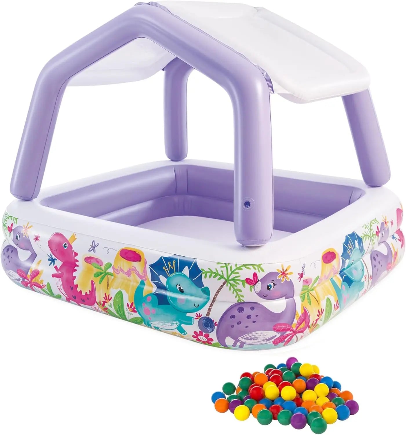 5-Foot Square Inflatable Durable Vinyl Kiddie Pool with Ocean Scene and Canopy for Ages 3+