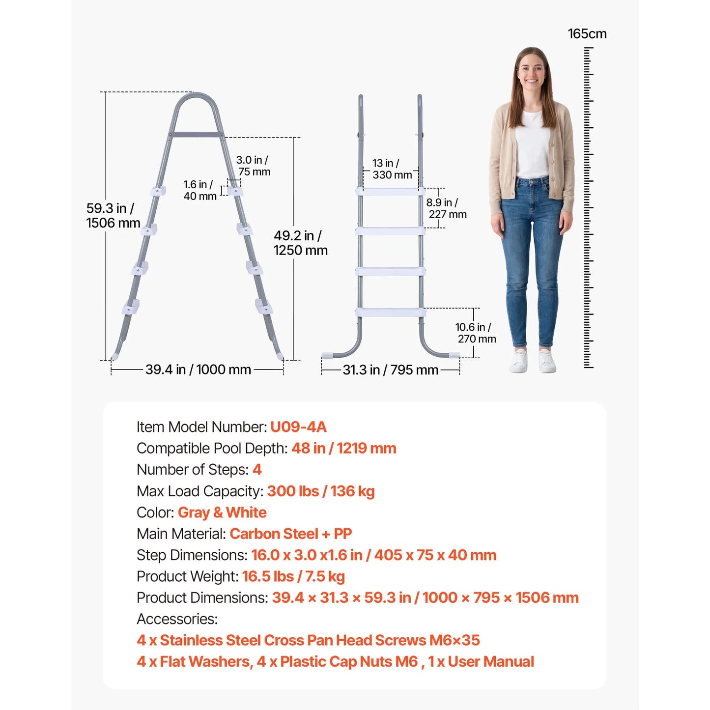 Above Ground Pool Ladder A-Frame Swimming Pool Stairs for High Wall with Non-Slip Sturdy Wide Step