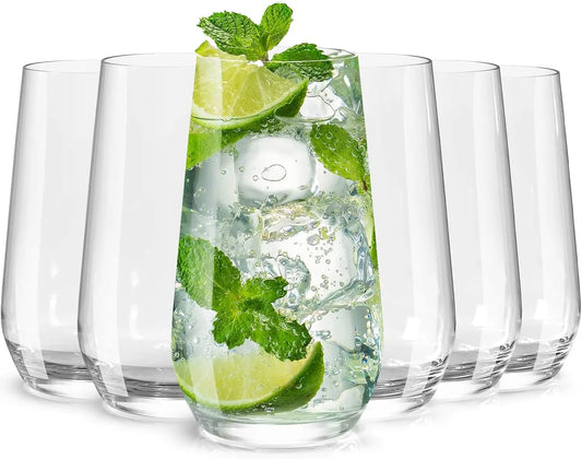 Set of 6 Crystal Water Glasses, 16.4 oz Tall Cups for Cocktail, Iced Tea - Perfect for Kitchen and Bar