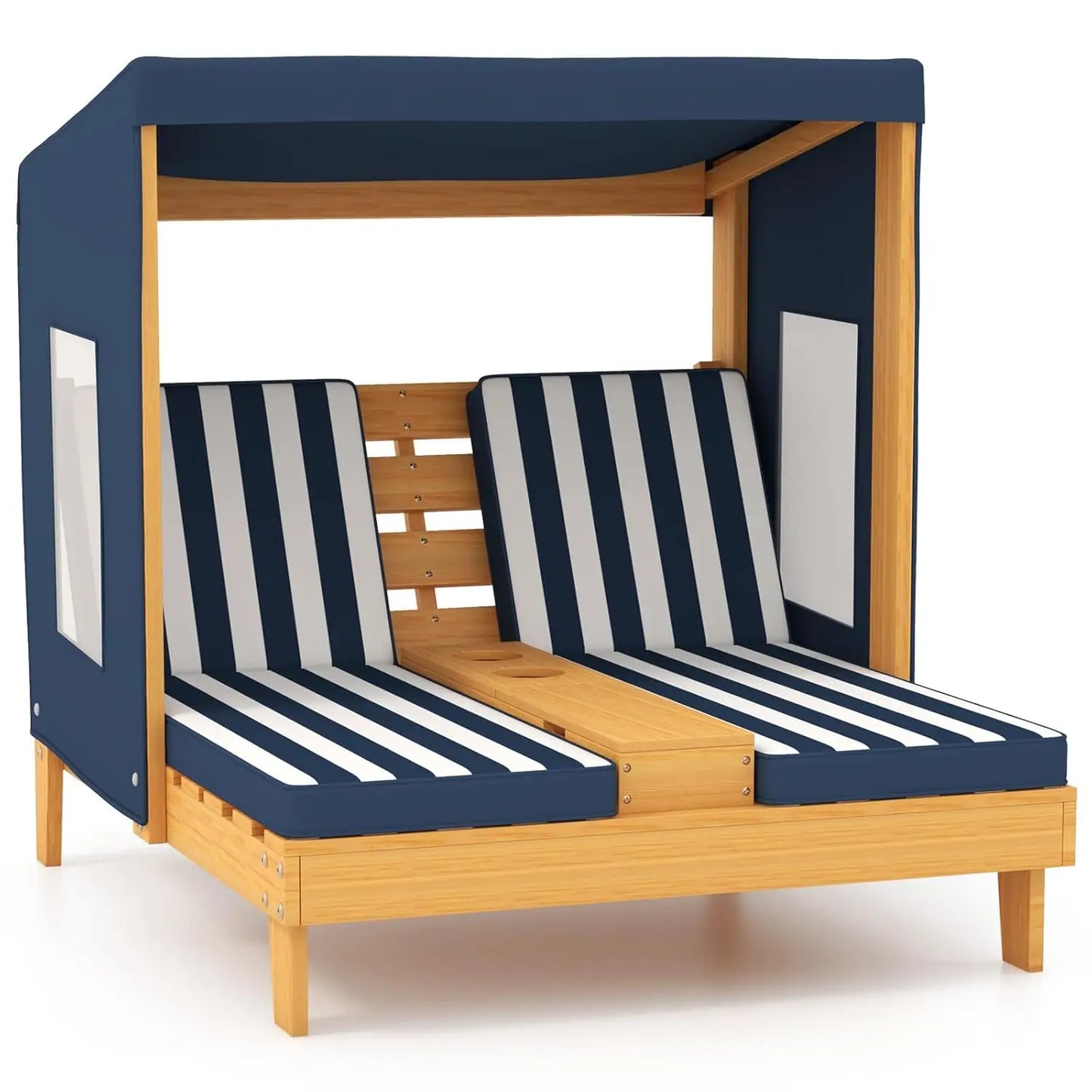 Kids Chaise Lounge Chair Outdoor, Wood Double Pool Lounger Chairs w/Canopy, Cup Holder.