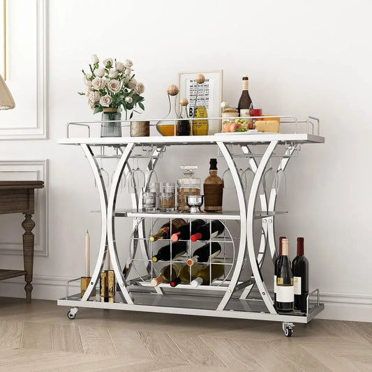 Silver Bar Cart with Glass Holders & Wine Rack, 3 Tier Serving Carts with Glass Shelves, Metal Rolling Bar.