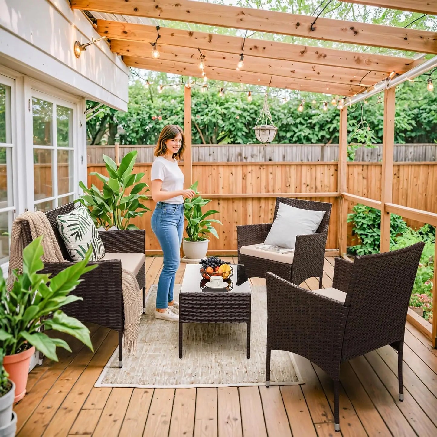 4 Pieces Outdoor Patio Furniture Wicker Set, Outdoor / indoor & Backyard Porch.