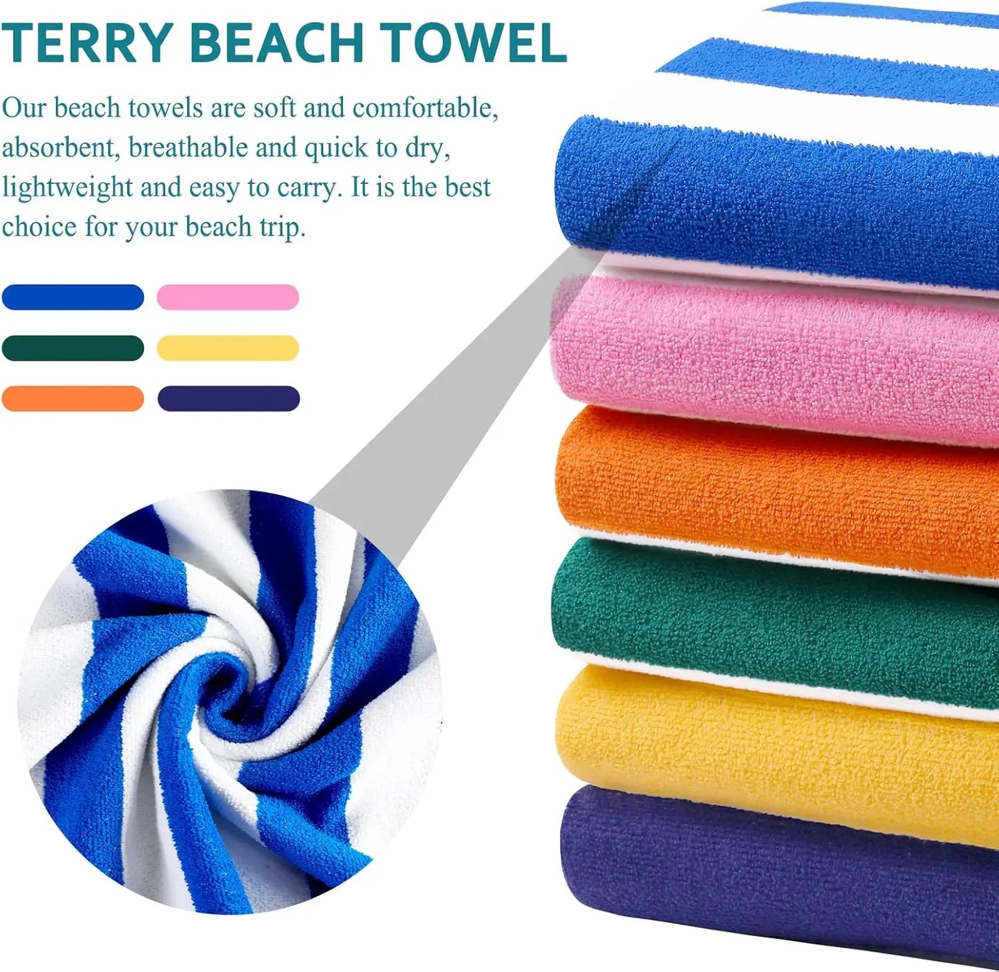 6-Pack Oversized Beach Towels, 72x40 Inch, Super Absorbent for Pool, Soft & Thin Terry Set for Adults