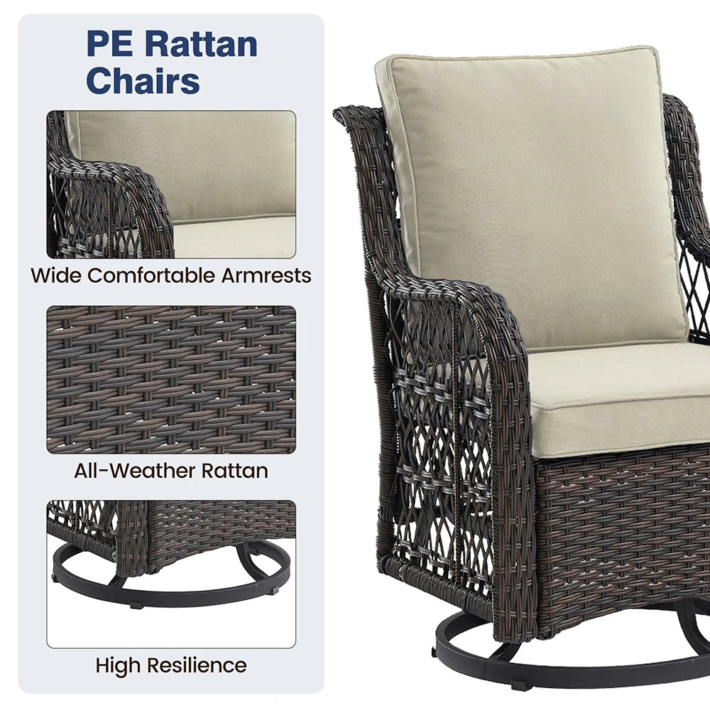3-Piece Wicker Swivel Rocking Patio Set, 2 Chairs & Glass Table, Outdoor Furniture for Porch & Backyard.