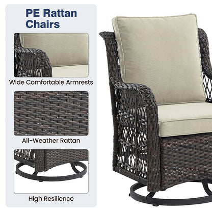 3-Piece Wicker Swivel Rocking Patio Set, 2 Chairs & Glass Table, Outdoor Furniture for Porch & Backyard.