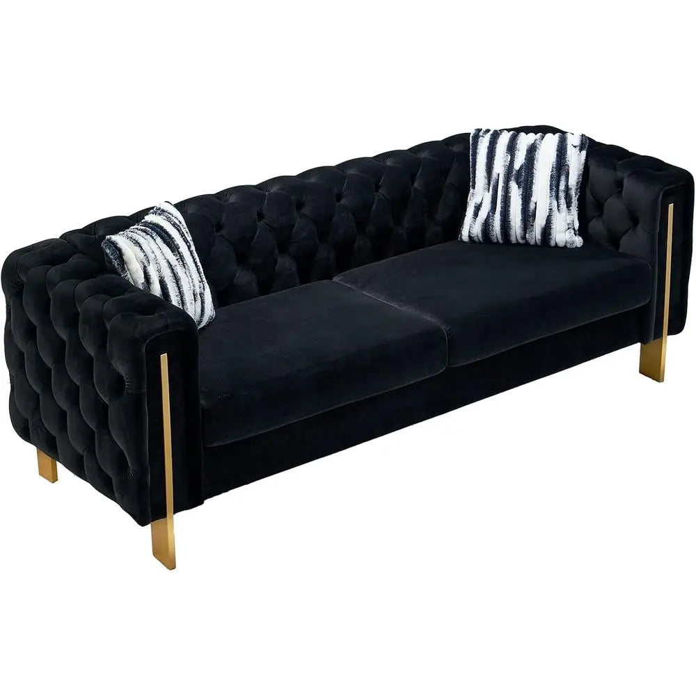 84-Inch High-Arm Upholstered Sofa with 2 Pillows and Metal Legs for Living Spaces in Black