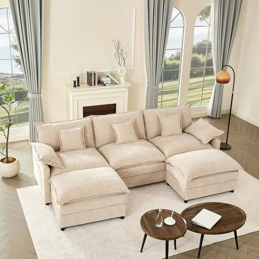 Modern 3-Piece Sofa Set with Mobile Ottoman, Suitable for Living Room, Velvet, White.