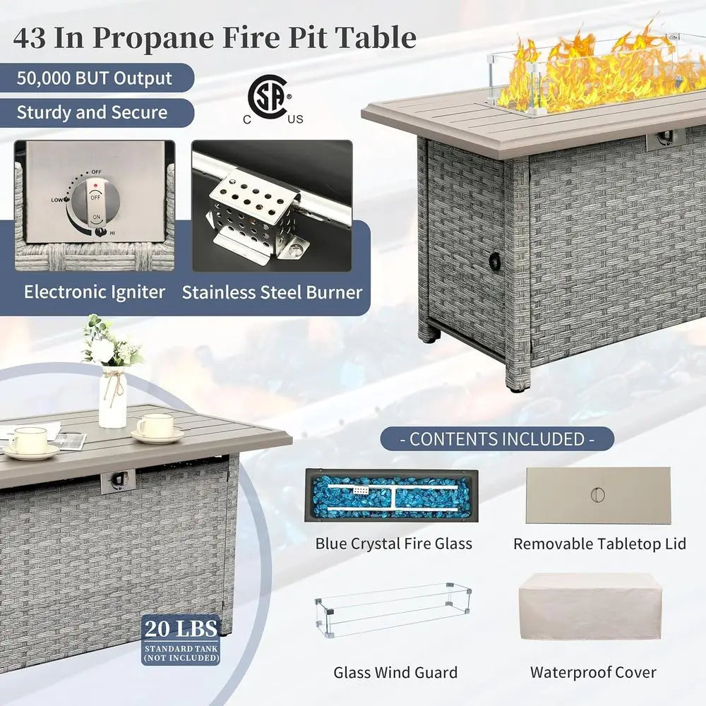 6-Piece Grey PE Rattan Outdoor Sectional Sofa Set with Fire Pit Table and Navy Blue Cushions