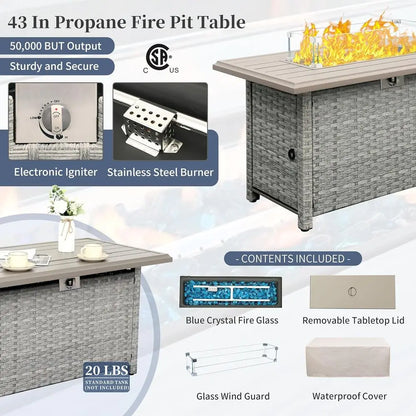 6-Piece Grey PE Rattan Outdoor Sectional Sofa Set with Fire Pit Table and Navy Blue Cushions