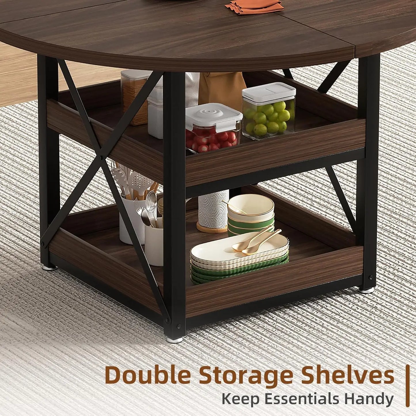 5-Piece Round Dining Table Set with Storage, with 4 PU Leather Chairs, Space Saving.