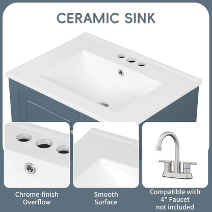 24" Bathroom Vanity with Sink,  Free Standing Single Vanity, with 3 Drawers and One Door, Customized