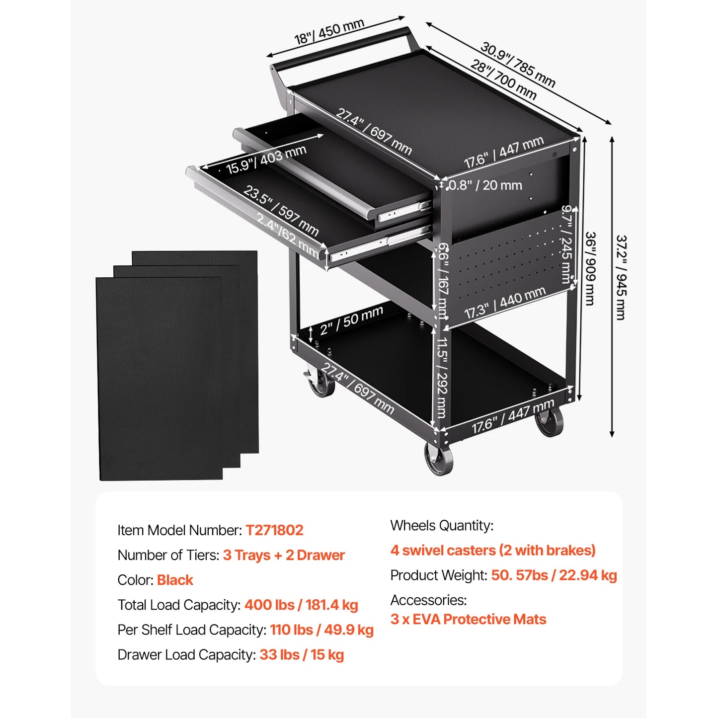 5-Tier Tool Chest 2-Drawer Rolling Tool Work Cart with Locking & Pegboard Tools Storage Organizer.