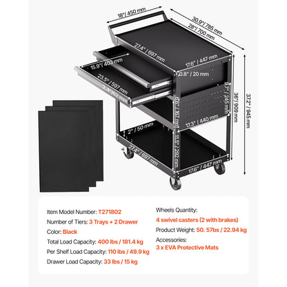 5-Tier Tool Chest 2-Drawer Rolling Tool Work Cart with Locking & Pegboard Tools Storage Organizer.