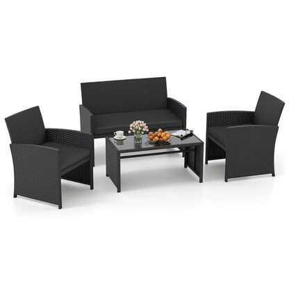 4 Pieces Patio Wicker Furniture Set, Rattan Cushioned Chairs, Loveseat and Tempered Glass Coffee.