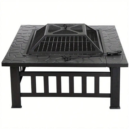 32" Metal Firepit Backyard Patio Garden Decor Square Stove Fire Pit With Cover