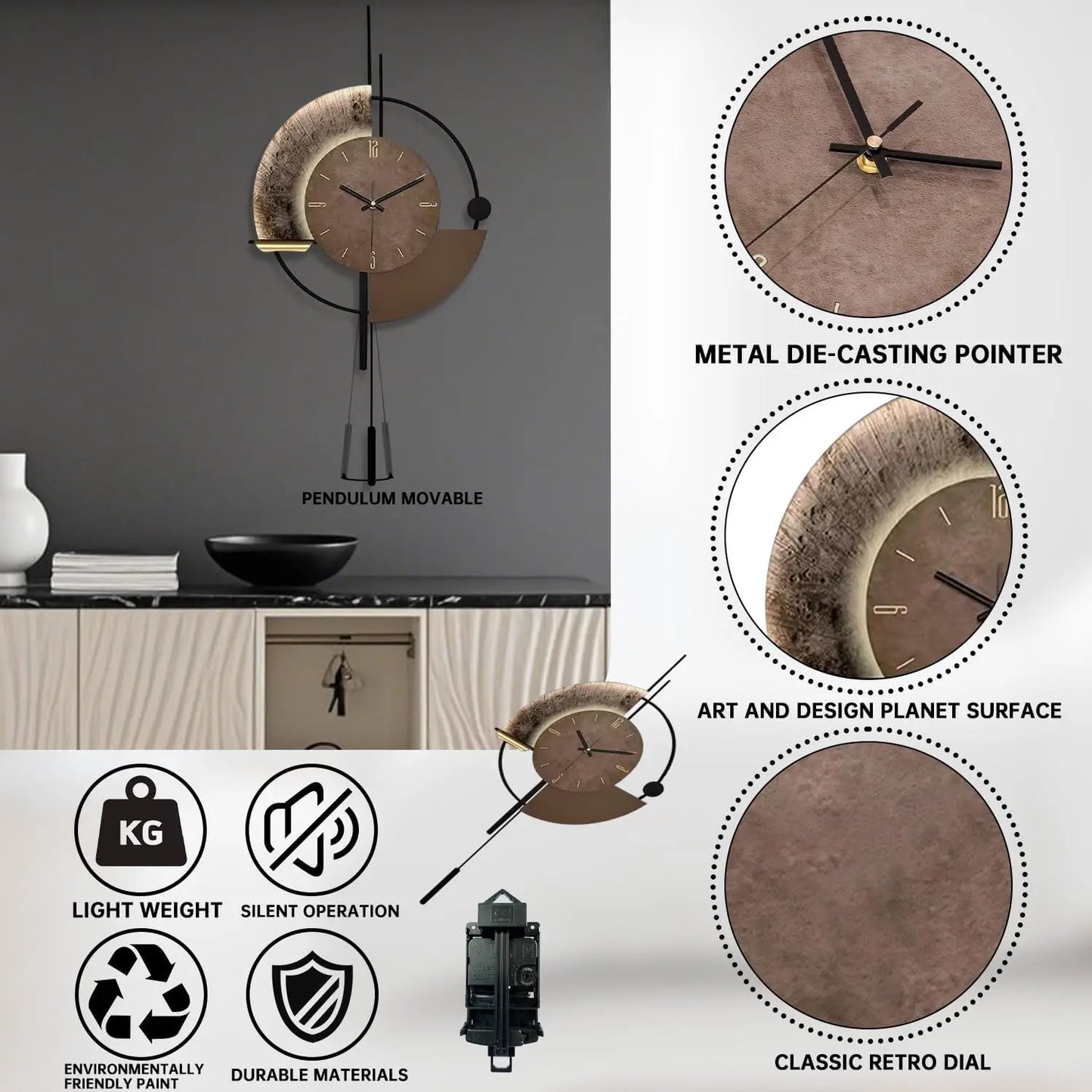 Wall Clock, Decorative Clock with Pendulum, Silent Quality Battery Operated.