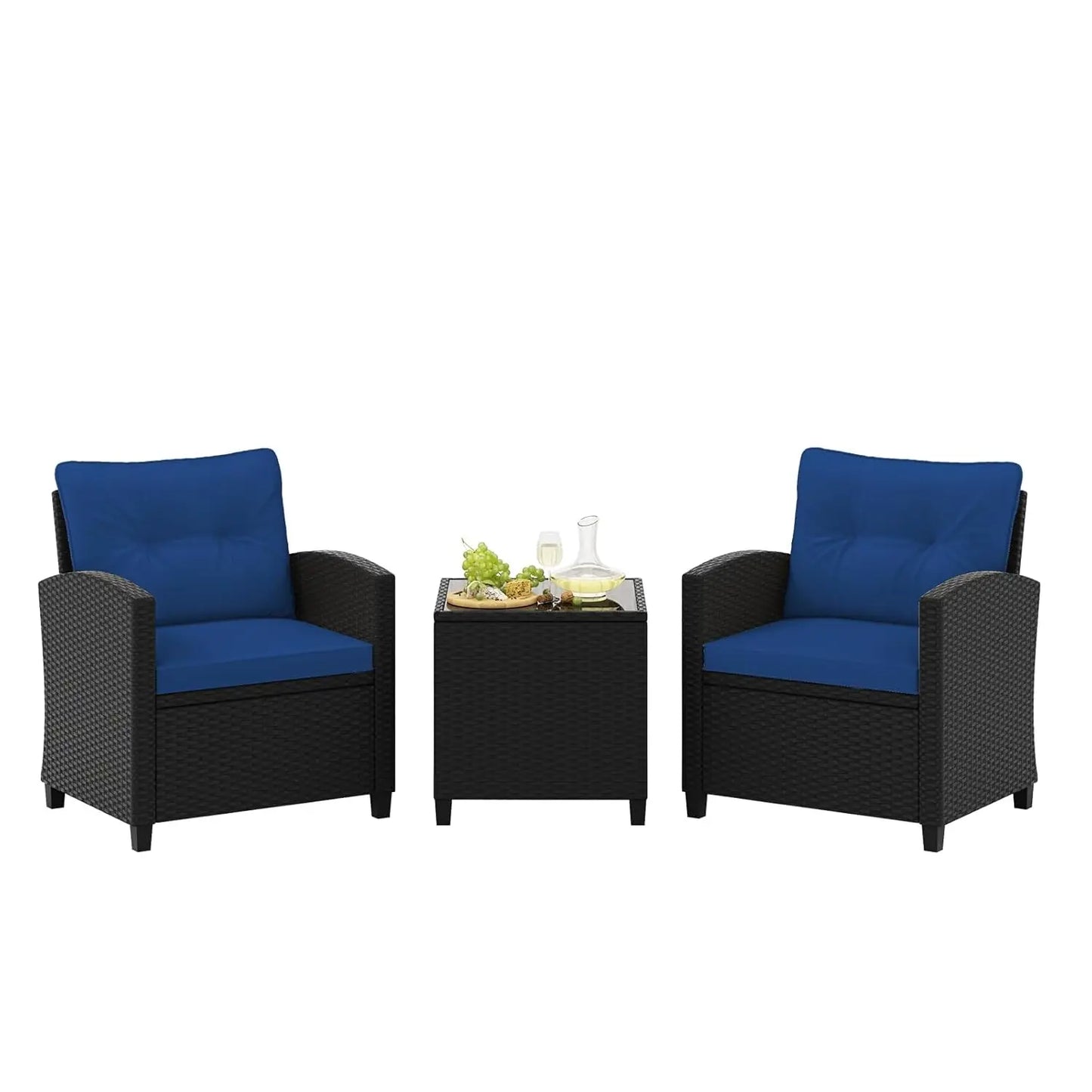 3 Pieces Patio Furniture Set, PE Rattan Wicker Outdoor Sofa Set w/Washable Cushion and Tempered Glass.