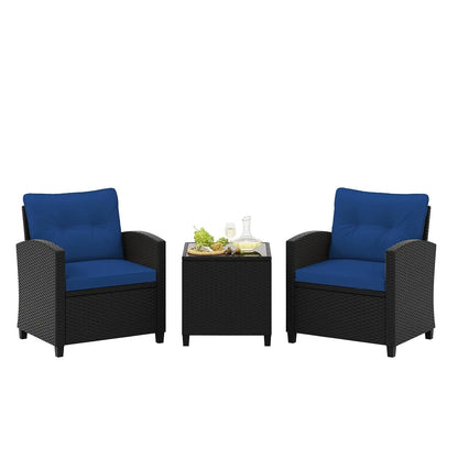 3 Pieces Patio Furniture Set, PE Rattan Wicker Outdoor Sofa Set w/Washable Cushion and Tempered Glass.