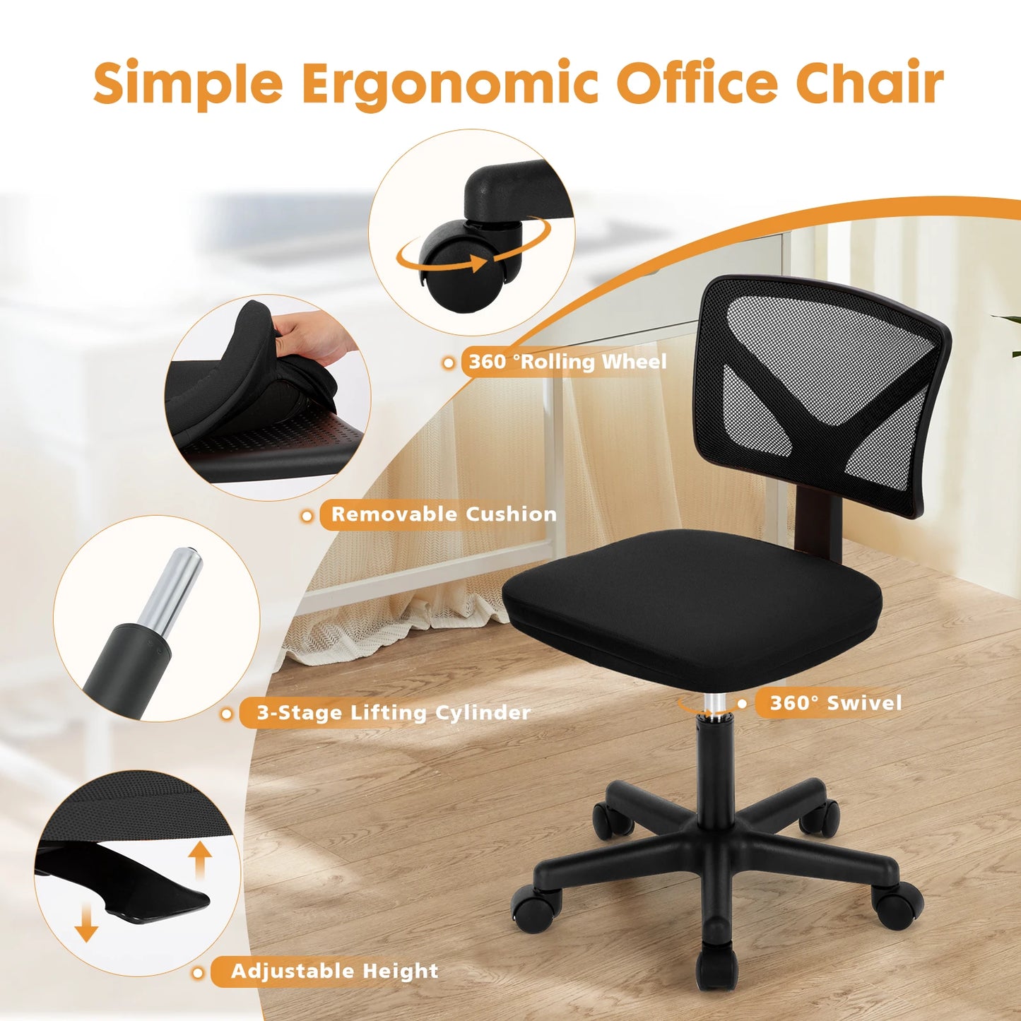 Mesh with Lumbar Support Armless Office Chair Low Back with Wheels Adjustable Height, Rolling Swivel Computer Chair
