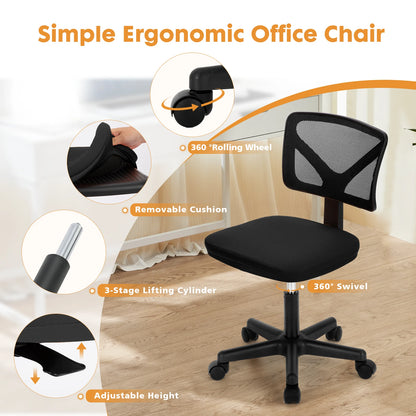 Mesh with Lumbar Support Armless Office Chair Low Back with Wheels Adjustable Height, Rolling Swivel Computer Chair