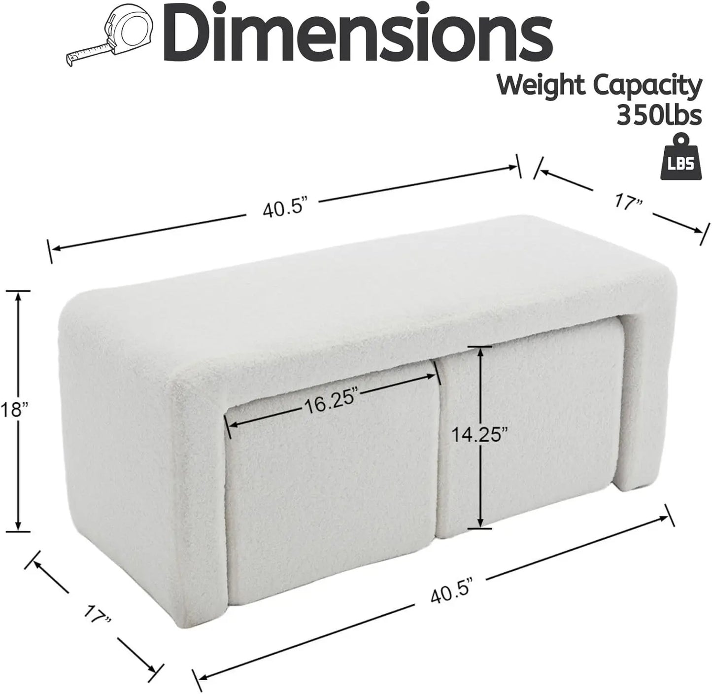 40.5" Wide Upholstered End of Bed Bench with 2 Small Stools Sherpa Comfy Entry Bench Vanity Stools.