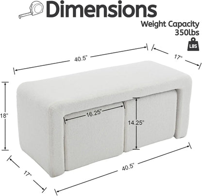 40.5" Wide Upholstered End of Bed Bench with 2 Small Stools Sherpa Comfy Entry Bench Vanity Stools.