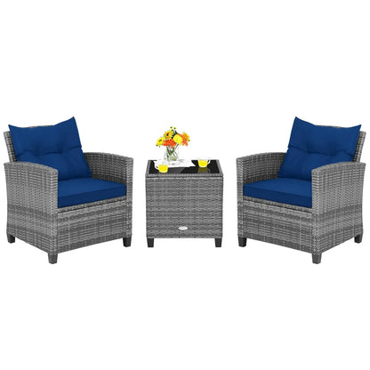 3 Pieces Patio Furniture Set, PE Rattan Wicker Outdoor Sofa Set w/Washable Cushion and Tempered Glass.