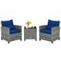 3 Pieces Patio Furniture Set, PE Rattan Wicker Outdoor Sofa Set w/Washable Cushion and Tempered Glass.
