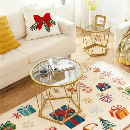 Small Coffee Table Set of 2, Round End Table with Metal Frame, Glass Tabletop, for Living Room, Bedroom.