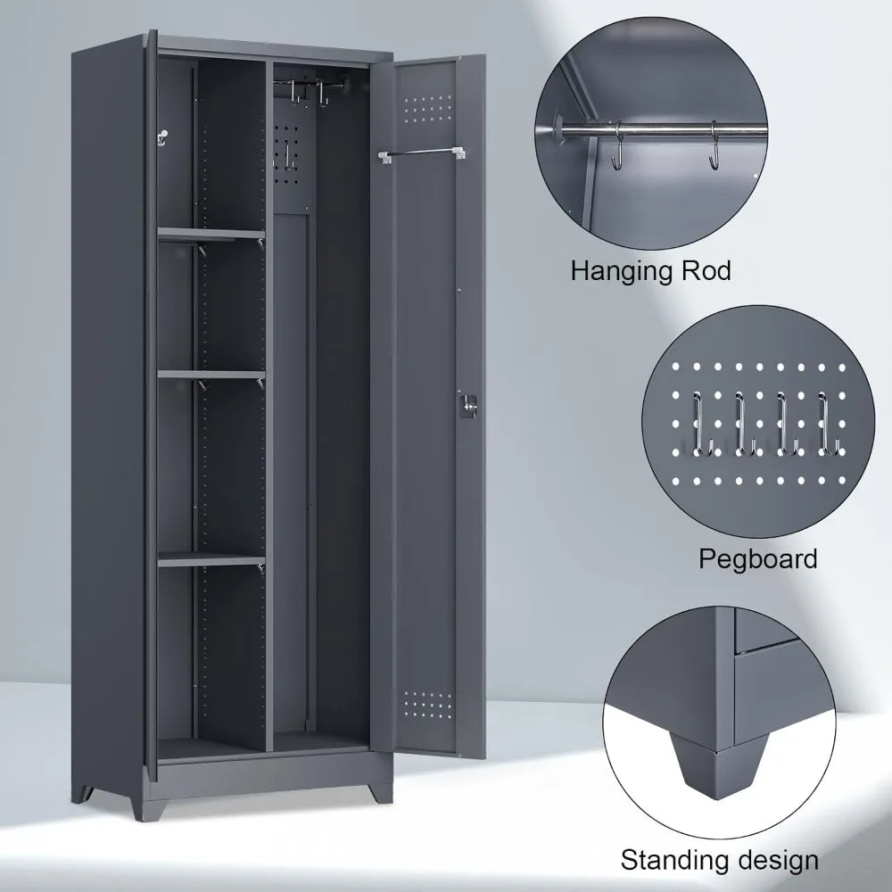 Steel Locking Cabinet with Hanging Rod, Storage with Doors and Hooks, Tall Broom Tool Cabinets