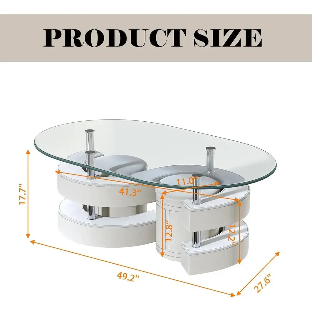 3-Piece Glass Coffee Table Set with Tempered Glass Top and S-Shaped Base, Including 2 Leather Stools.